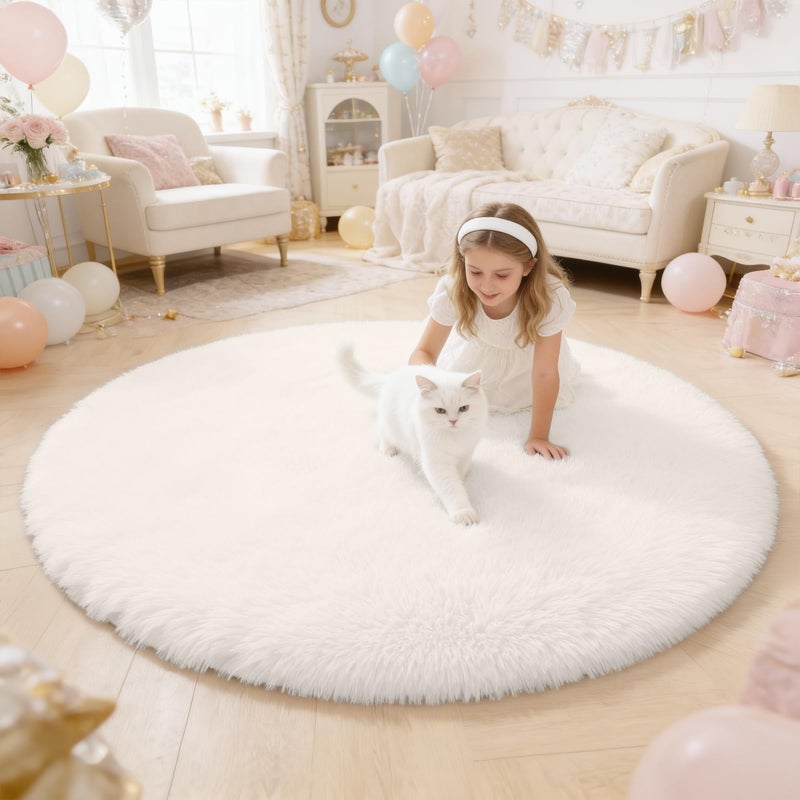 OLANLY Ivory Round Rugs for Bedroom - Machine Washable, 4 ft Circle Area Rugs for Living Room, Soft and Fluffy Shaggy Carpet for Teen Girls and Boys, Nursery Rooms, Dorms, Home Decor Aesthetic - Image 1