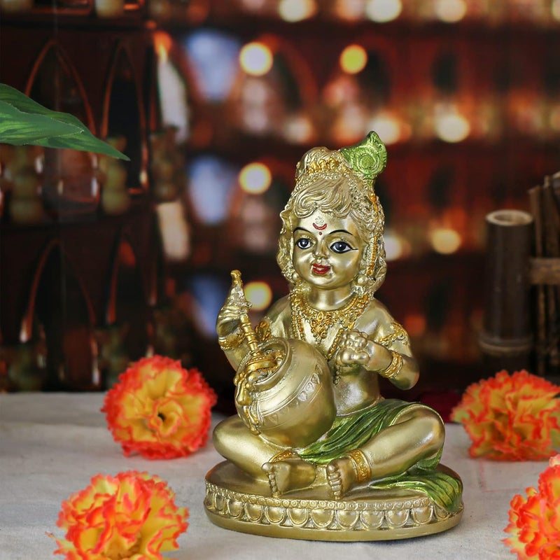 alikiki Hindu God Baby Krishna Statue - Antique Gold Figurine - Image 3