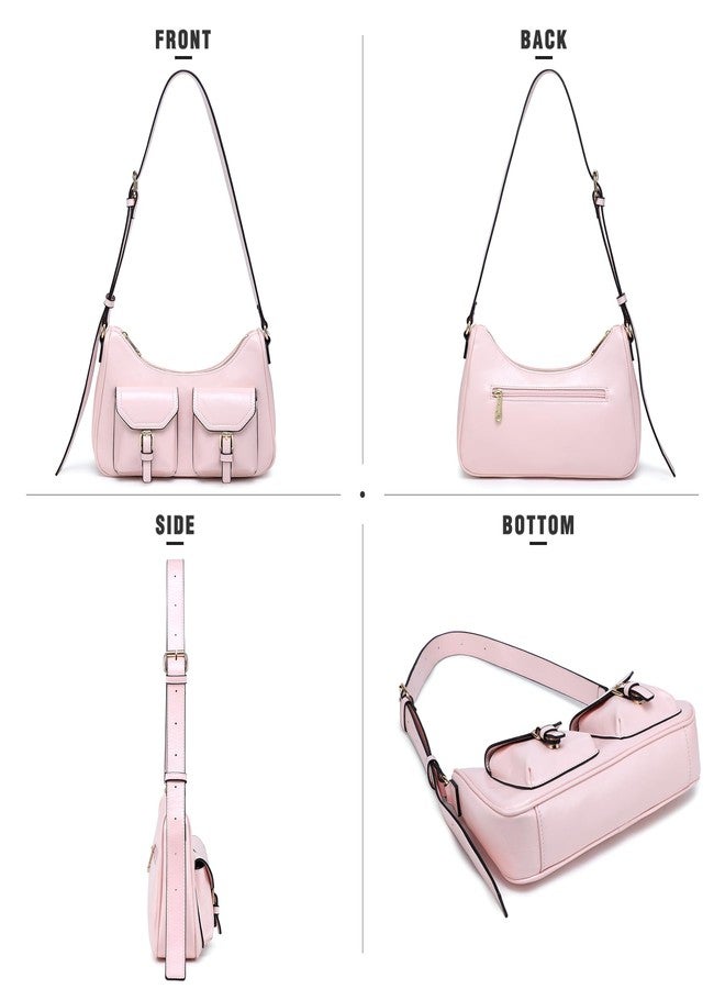 داسين حقيبة كتف داسين ريترو للنساء، مصنوعة من الجلد الصناعي المعالج بالزيت، حقيبة هوبو، حقيبة يد بتصميم Y2K مع جيوب بإبزيم (لون وردي) - Image 3