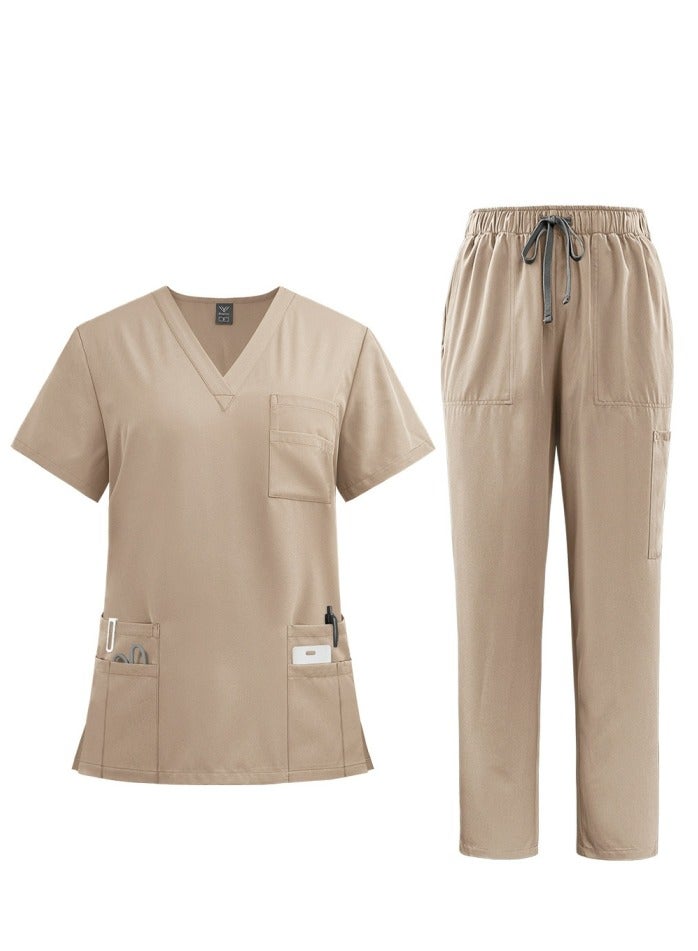 Loquat Medical Uniform Scrubs Set Medical Scrubs 2 Piece Set Top and Pants Suit With Pockets Beige