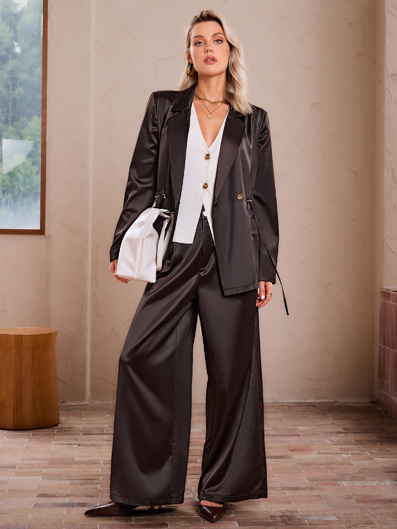 SIMPLEE Women High Waist Satin Pleated Wide Leg Trousers Casual Loose Floor Length Pants - Image 2