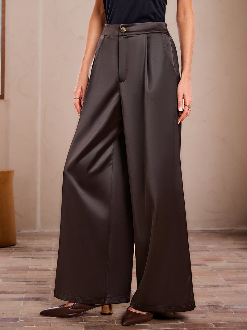 SIMPLEE Women High Waist Satin Pleated Wide Leg Trousers Casual Loose Floor Length Pants - Image 3