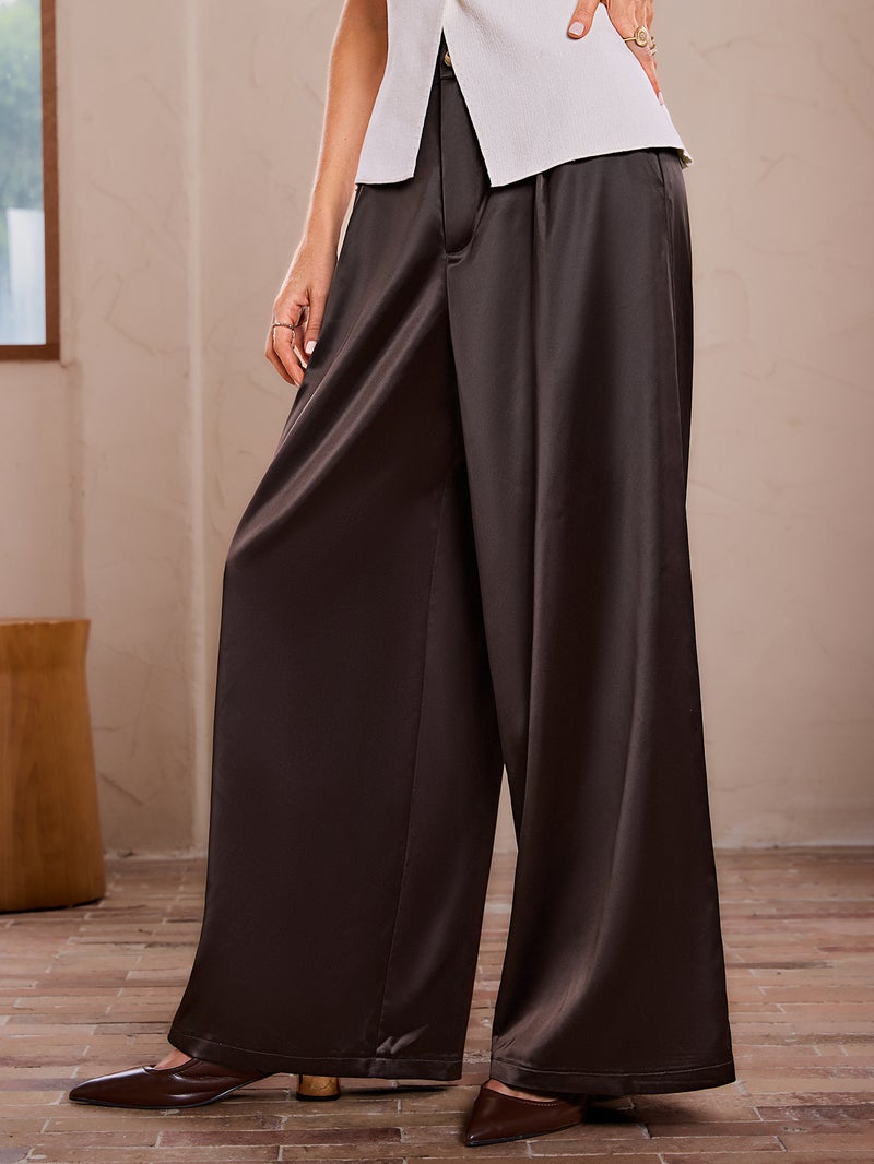 SIMPLEE Women High Waist Satin Pleated Wide Leg Trousers Casual Loose Floor Length Pants - Image 1