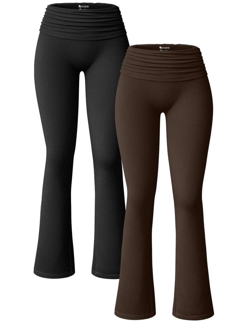 OQQ Women's 2 Piece Flared Pants Ribbed Fold Over Kick Ruched Stretch High Waist Casual Wide Leg Black Darkbrown - Image 1
