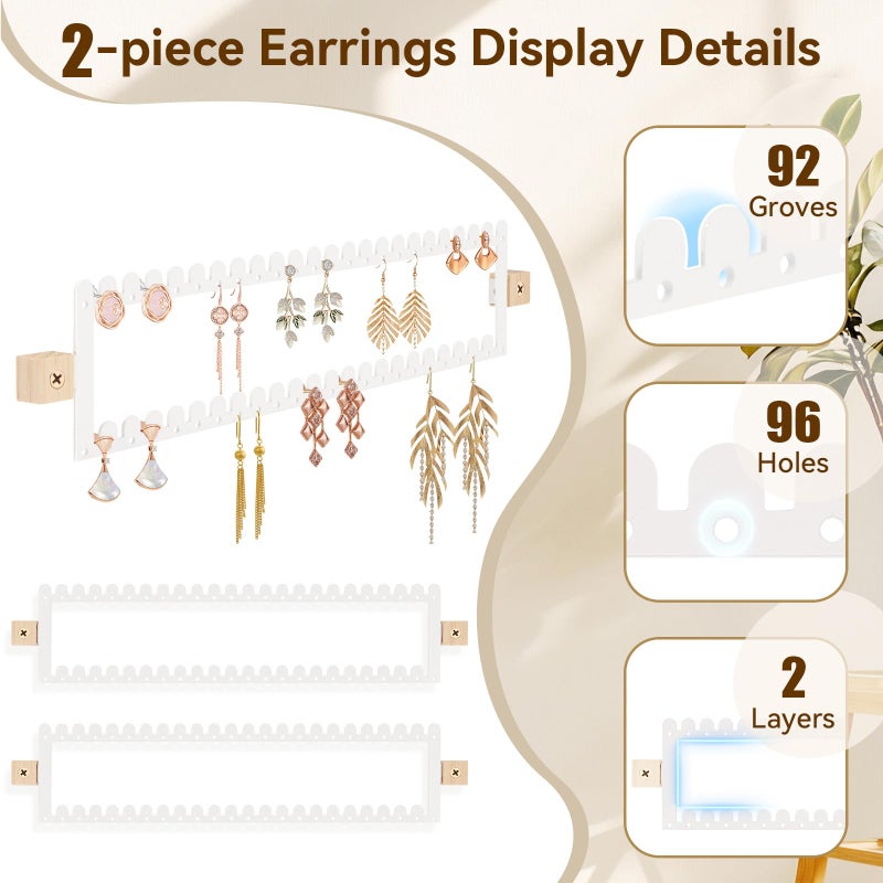 milylove 2 Tier Earring Holder Organizer Wall Mounted,2PCS Metal Earring Display Storage with 96 Holes and 92 Grooves Hanging Jewelry Organizer Tree for Stud/Hoop/Dangle Earrings Necklace(White) - Image 2