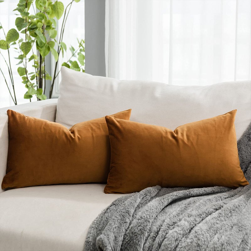 QUAFOO Burnt Orange Soft Lumbar Velvet Throw Pillow Covers 16x24 inch Set of 2 for Sofa Couch Bed Living Room Decorative Luxury Solid Rectangle Cushion Covers Case with Zipper