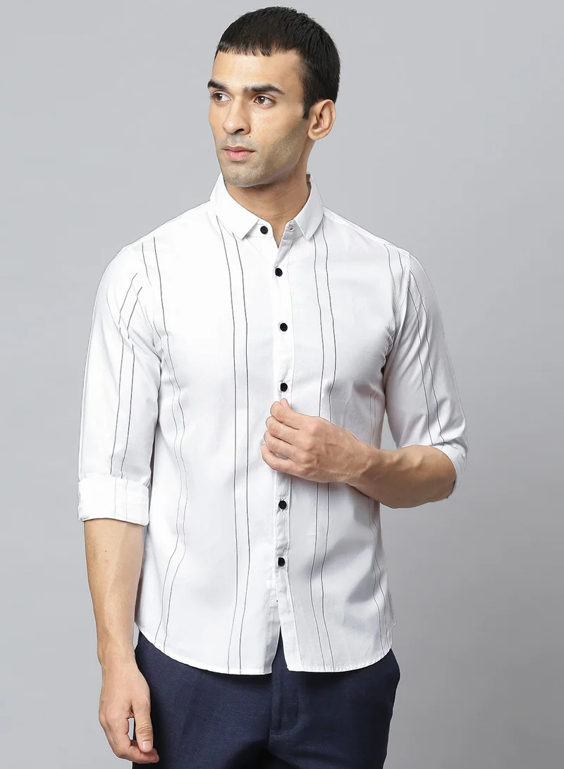 Dennis Lingo Slim Fit White Men's Solid Shirt, Spread Collar, Full Sleeves, 100% Cotton,