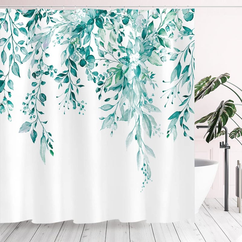 Tititex Teal Eucalyptus Startain Stain Sets Matercolor Orecooise Oneves on the Top Plant مع زخرفة الحمام الأزهار 72 × 78 بوصة مع السنانير - Image 3