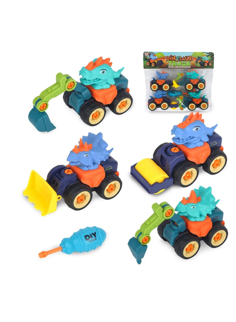 Excefore Digger Toys, Dinosaurs Construction Digger Toys, Dinosaur Truck Toys, with Screwdriver, Bulldozer, Excavator,Road Roller Toys, for Kids Boys Birthday Toys(4Pcs) - Image 1