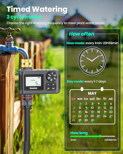 Insoma Sprinkler Timer with Brass Inlet and Outlet, Programmable Water Timer for Outdoor Garden Hose, Hose Timers with Rain Delay/Manual/Auto Mode, Drip Irrigation and Lawn Watering System, 1 Outlet - Image 2