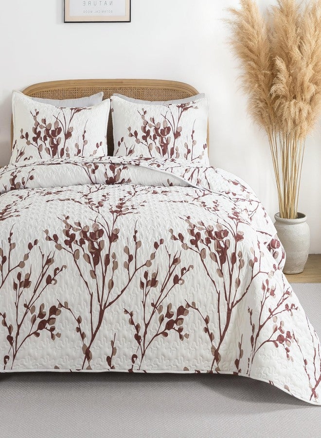 Andency Burgundy Red Quilt Queen Size (96x90 Inch), 3 Pieces Floral Lightweight Bedspread, Microfiber Reversible Flower Quilted Coverlet with 2 Pillowcases for Men Women - Image 1