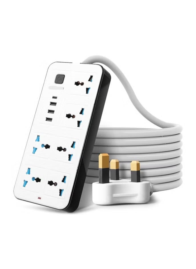 Generic Universal Extension Lead with Multiple Function UK Plug 3 Pin Socket Outlet with 6 Gang 3, USB Port 1 Type-C Port,1.8M Electric Socket Mains Strip for Home Kitchen and Office(White)  - Image 1