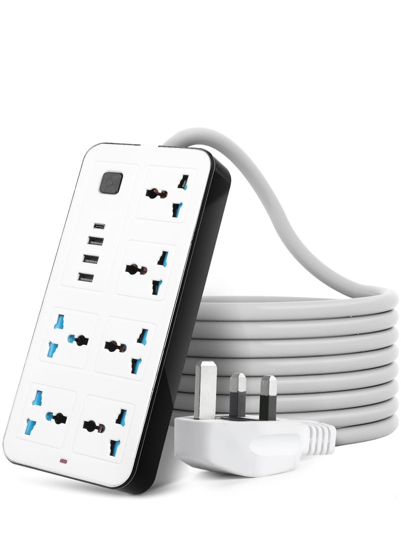 كابل تمديد سداسي الاتجاهات مع شحن سريع من نوع USB وType-C | مقبس متعدد المقابس محمي من ارتفاع التيار الكهربائي مع كابل متين بطول مترين للمنزل والمكتب والمطبخ، شريط طاقة ثلاثي الدبابيس من المملكة المتحدة - Image 1