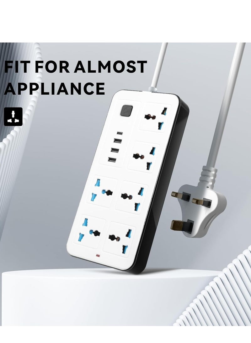 كابل تمديد سداسي الاتجاهات مع شحن سريع من نوع USB وType-C | مقبس متعدد المقابس محمي من ارتفاع التيار الكهربائي مع كابل متين بطول مترين للمنزل والمكتب والمطبخ، شريط طاقة ثلاثي الدبابيس من المملكة المتحدة - Image 4