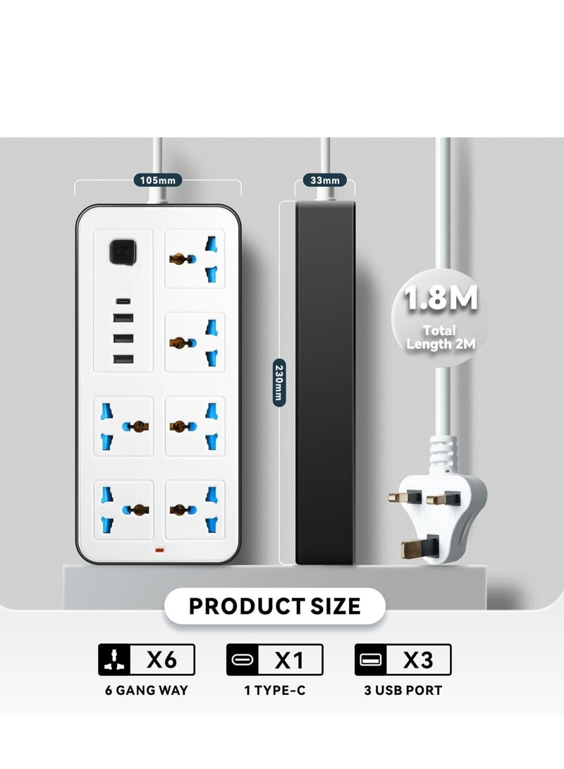 كابل تمديد سداسي الاتجاهات مع شحن سريع من نوع USB وType-C | مقبس متعدد المقابس محمي من ارتفاع التيار الكهربائي مع كابل متين بطول مترين للمنزل والمكتب والمطبخ، شريط طاقة ثلاثي الدبابيس من المملكة المتحدة - Image 3