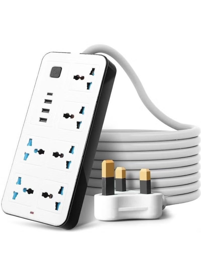 6 Way Extension Lead with USB & Type-C Fast Charging | Surge Protected Power Strip with 2M Heavy-Duty Cable | Multi Plug Socket Extension for Home, Office & Kitchen UK 3 Pin Smart Charger - Image 1