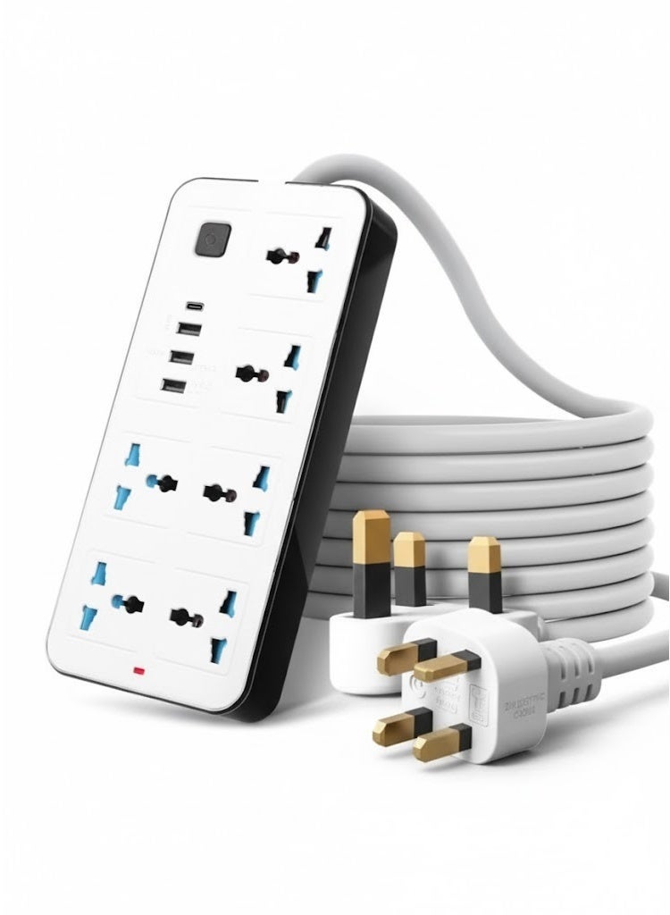 2 Meter Power Strip with 6 UK Sockets, 3 USB Ports & 1 Type-C Port Heavy Duty Extension Lead for Home & Office - Image 1