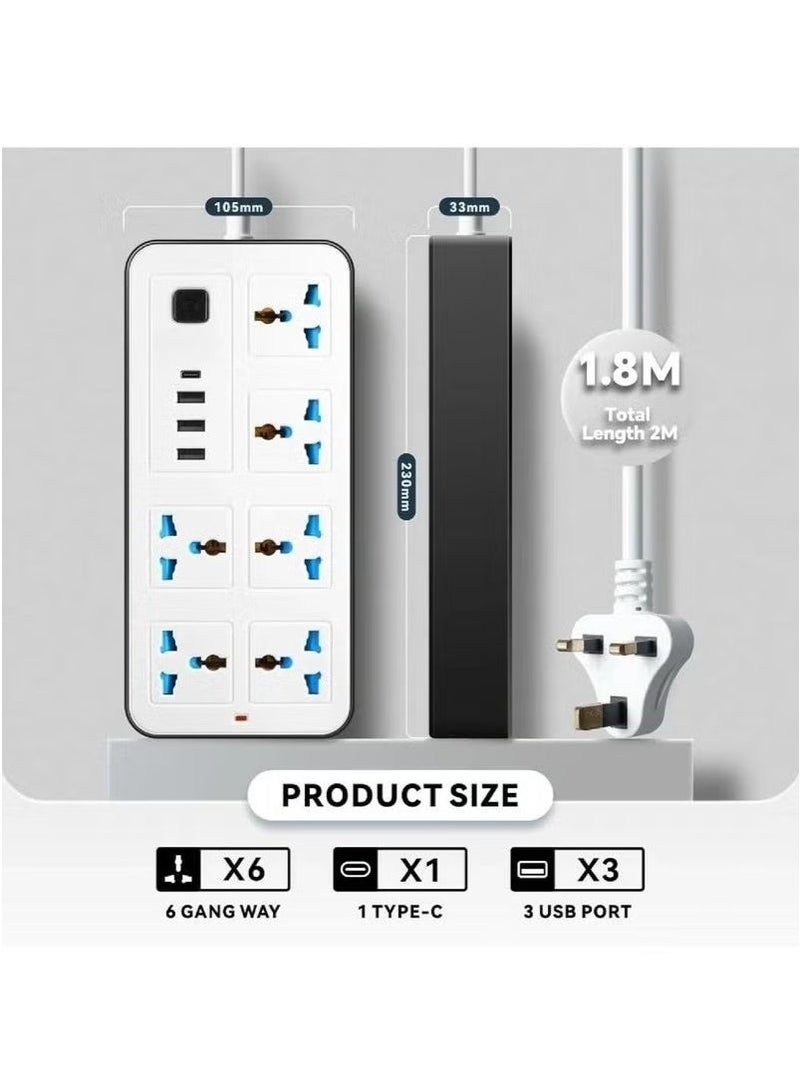 2 Meter Power Strip with 6 UK Sockets, 3 USB Ports & 1 Type-C Port Heavy Duty Extension Lead for Home & Office - Image 2