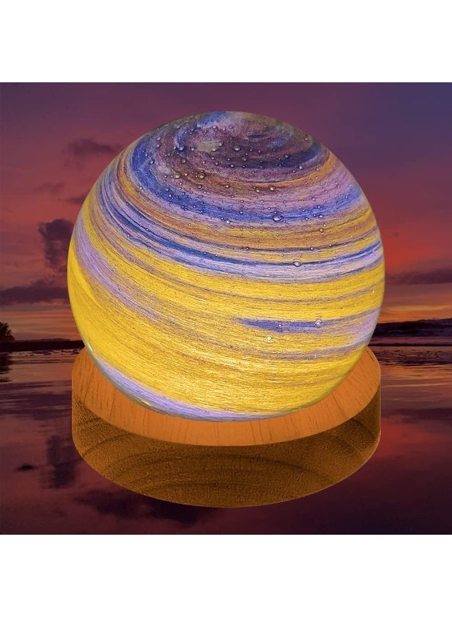 Kimaya Cosmic Planet 3D Lamp LED Glass Ball, Mood Light Table Lamp Wooden Base RGB 7 Colours USB Night Light for Bedroom Living Room Decoration Christmas Birthday Gift, 14cm - Image 1