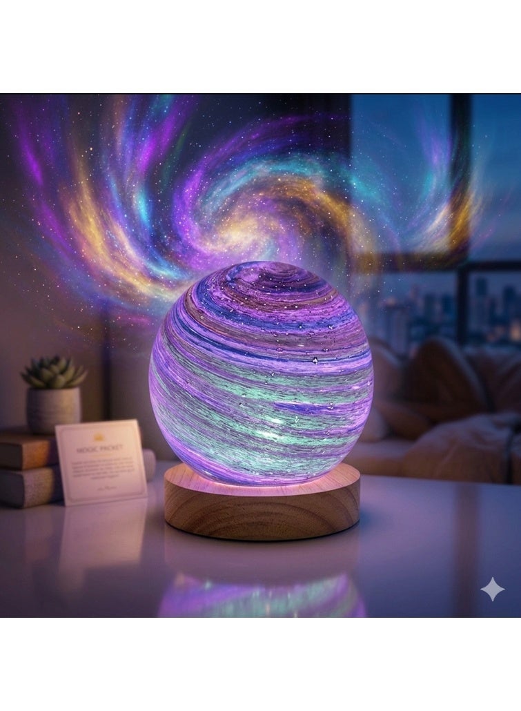 كيمايا مصباح طاولة LED بتصميم كوكب كوني داخل كرة زجاجية ثلاثية الأبعاد وقاعدة خشبية - إضاءة ليلية متعددة الألوان (RGB)، يعمل عبر USB، مثالي كديكور لغرف النوم والمعيشة وهدية رائعة في أعياد الميلاد والمناسبات، مقاس 14 سم. - Image 1