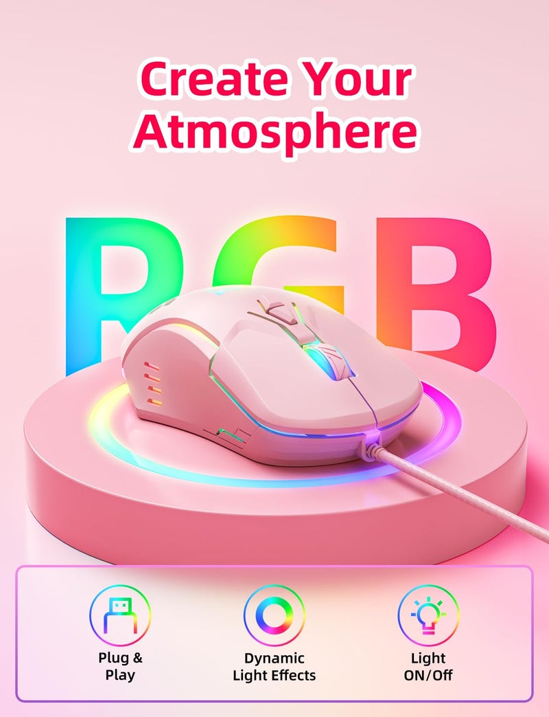 ONIKUMA GAMING Wired PC Gaming Mouse: High Precision Sensor,RGB Backlit, Adjustable DPI, 7 Buttons Programmable,Ergonomic mice for Office & Gaming on Windows/Mac/Linux/Chrome- Pink - Image 2