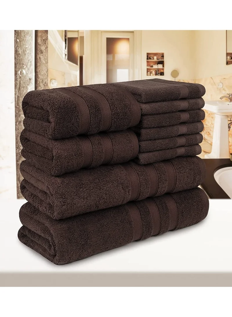 1Chase Brown Set of 10 Zofty Bathroom Towel Set - 2 Bath Towels, 2 Hand Towels and 6 Washcloths - Hotel Quality and Spa Towels Brown 600GSM  | Best Price UAE