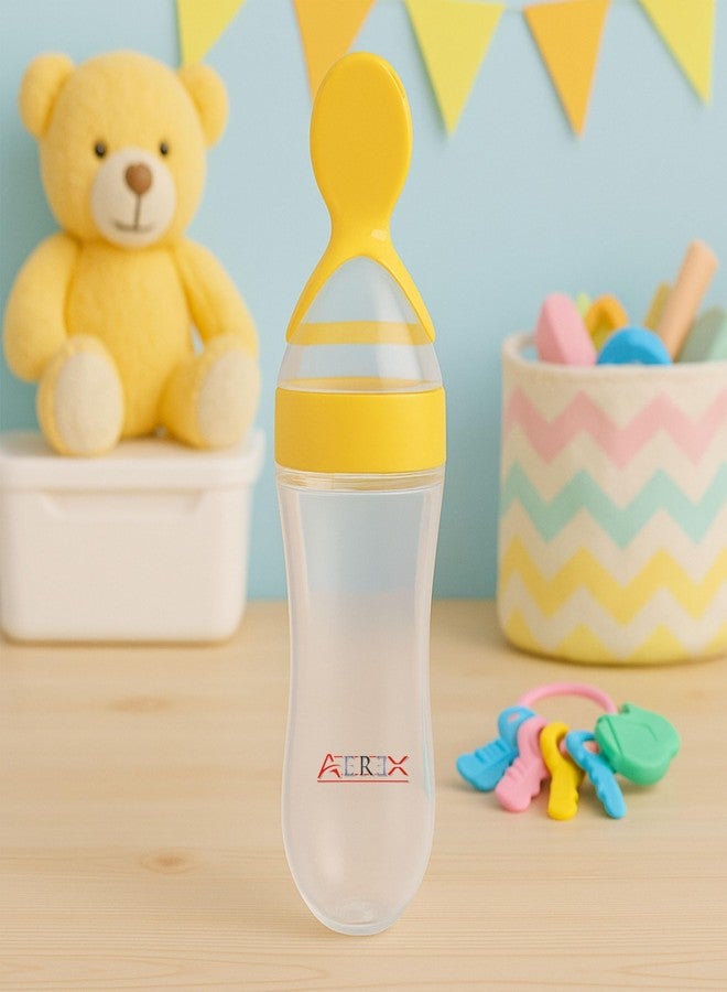 AEREX Bpa Free Feeding Bottles|Newborn Baby Feeding Bottle With Spoon|Baby Squeezy Food Feeder For Baby|Feeding Spoon Bottle For Semi-Solid Food, Cereals, Fruit Food Feeder (Yellow), 90 Ml - Image 1