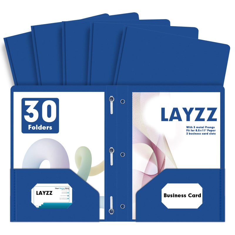 مجلدات جيب بلاستيكية من LAYZZ مع شوكات، 30 حزمة من مجلدات بولي ثقيلة الوزن بحجم حرف مع 3 مشابك تثبيت شوكات معدنية (أزرق) - Image 1