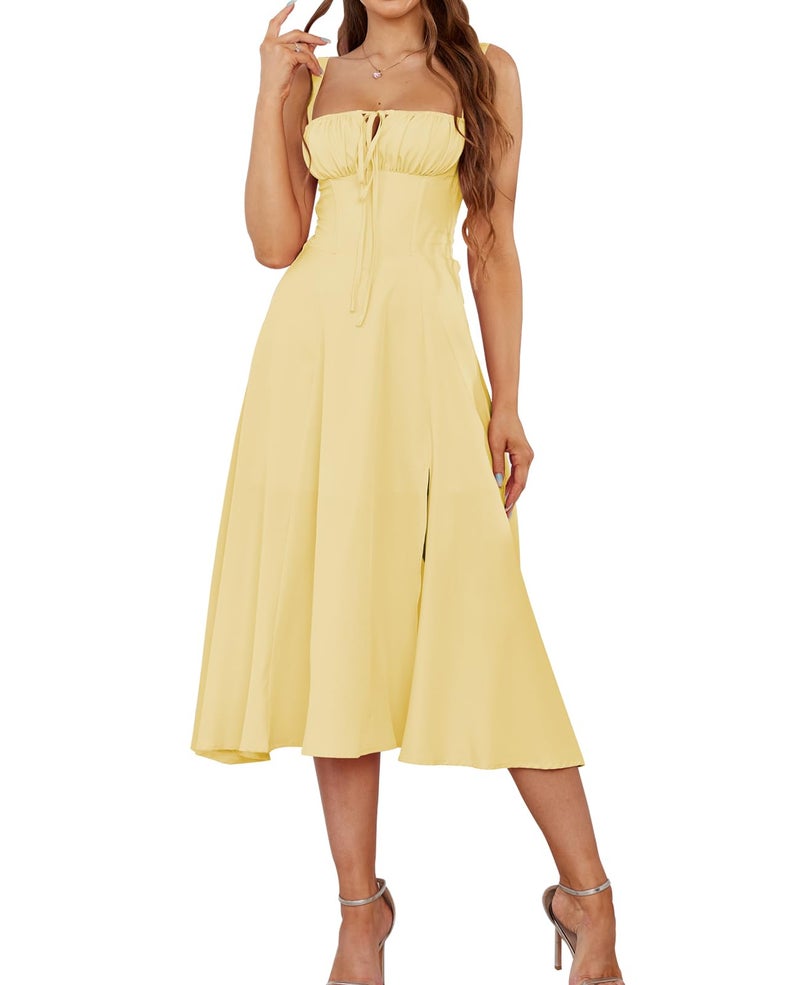 GLNEGE Wedding Guest Dresses for Women Midi Corset Lace Up A Line Dress Solid Flowy Slit Going Out Sundress for Tea Party - Image 1