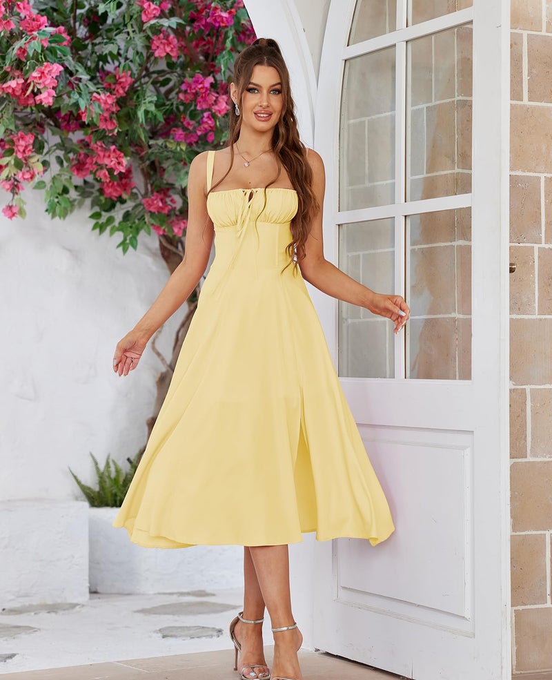 GLNEGE Wedding Guest Dresses for Women Midi Corset Lace Up A Line Dress Solid Flowy Slit Going Out Sundress for Tea Party - Image 2