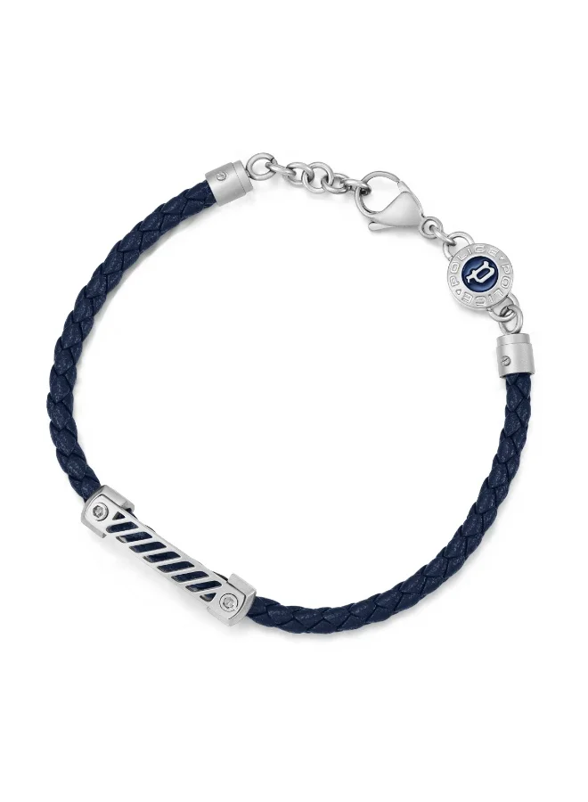 POLICE Plaquetes Silver with Navy Enamel Leather Bracelet Large Men