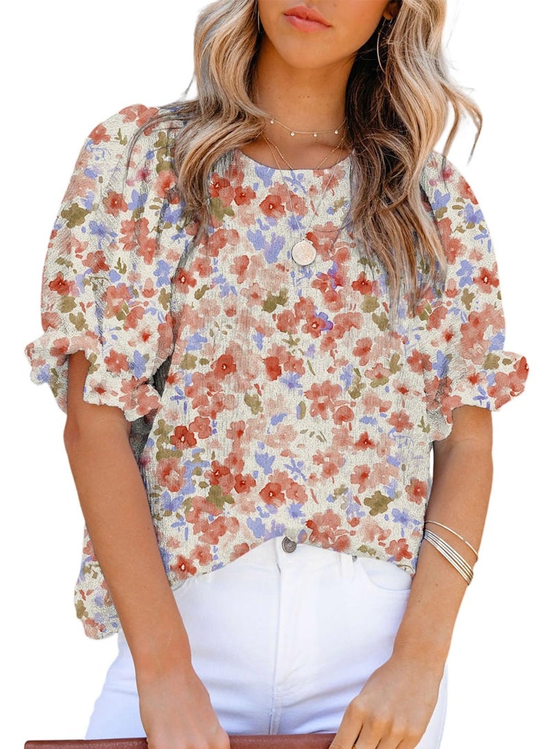Dokotoo Floral Print Blouses for Women Fashion Summer Crewneck Ruffle Smocked Short Sleeve Shirts Flowy Babydoll Summer Tops Cute Blouses for Teen Girls Orange XXL - Image 1