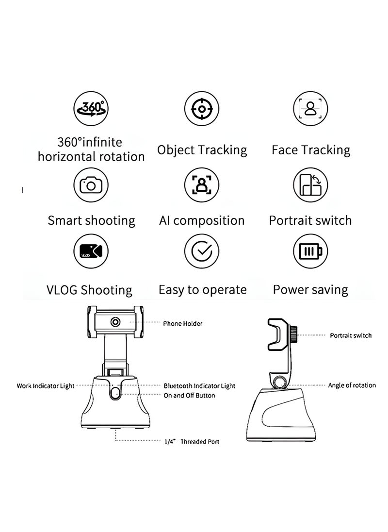BORTONY - Smart Selfie Stick Object Tracking Holder Selfie Stick 360° Rotation Auto Face Object Tracking Release Your Hands Wireless Bluetooth Connection for all iPhones and Android Phones Black - Image 1