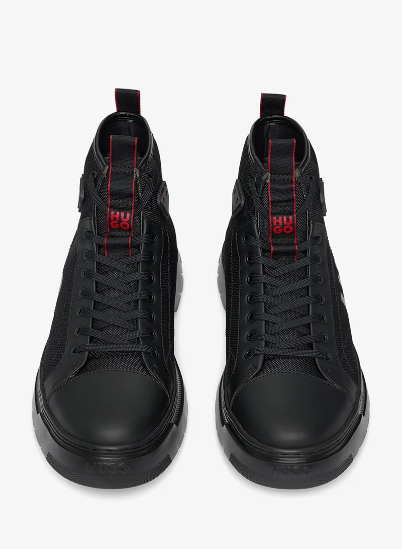 HUGO Men\'s Black Nubuck Lace-Up Ankle Boot with Red Accents Hugo Logo-Patch High-Top Boots In Black - 32% Off | Editorialist main image 4