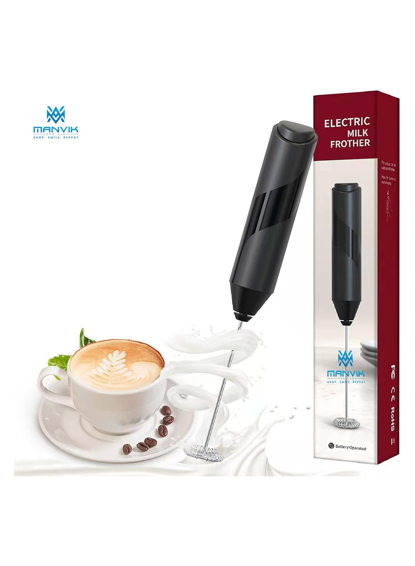 Electric Milk Frother Handheld – Mini Whisk Foam Maker & Drink Mixer for Coffee, Latte, Cappuccino, Matcha – Battery Operated (Black) (Battery NOT included)