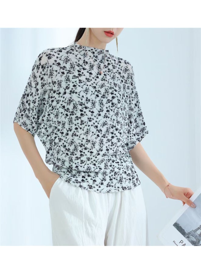 Pleated Lifetime Fresh Floral T-shirt 2024 Summer New Loose Slimming Elegant Mid-sleeve Top For Women