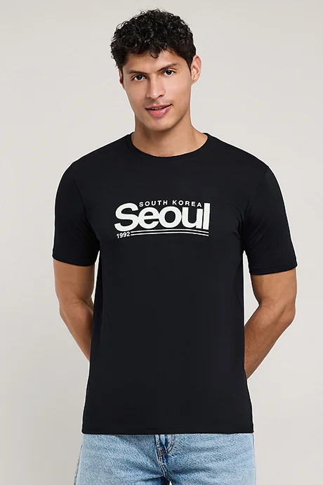 أر أند بي Typography Print T-Shirt with Crew Neck and Short Sleeves