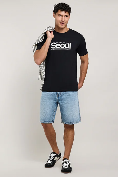 أر أند بي Typography Print T-Shirt with Crew Neck and Short Sleeves
