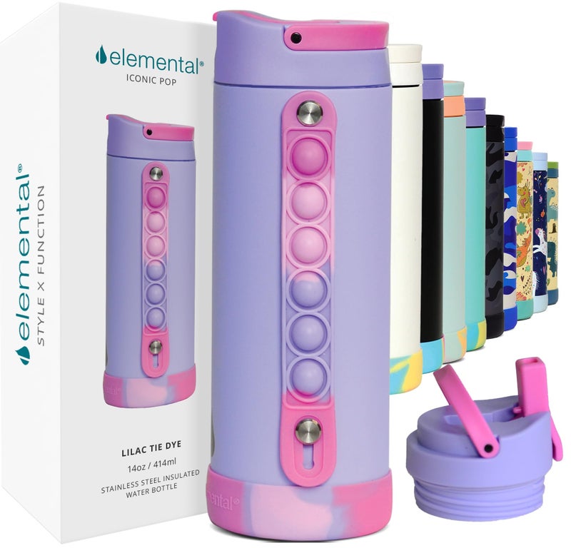 Elemental Iconic Kids Water Bottle for School - 100% Leak-Proof Insulated Water Bottles with Straw Lid & Pop-It Handle for Boys & Girls - Triple-Wall Insulated & BPA-Free, 14oz – Lilac Tie Dye - Image 1