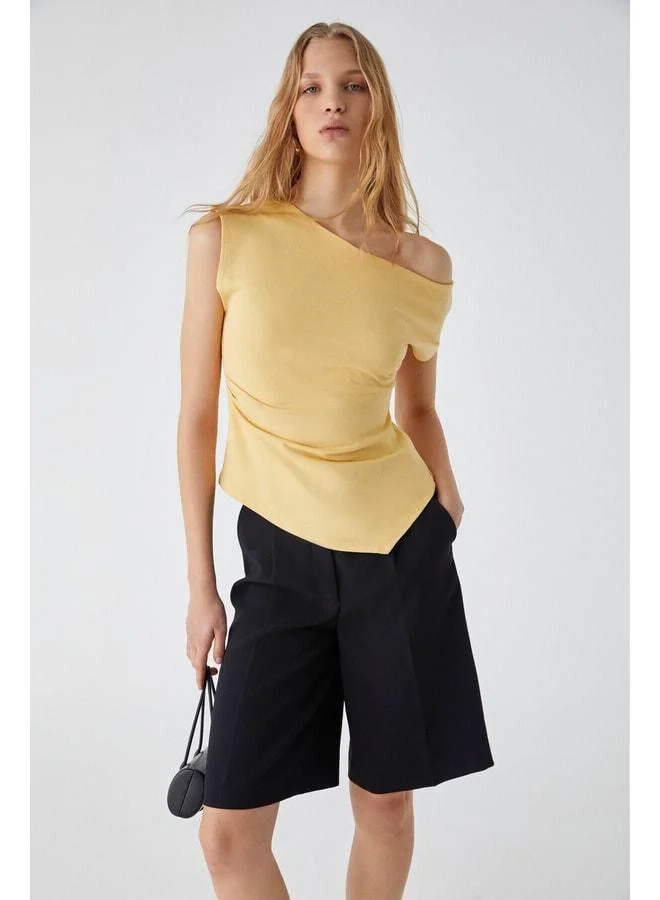 Grimelange Rehinga Women's 100% Cotton Waist-Hugging Asymmetric Collar Regular Fit Short Sleeve Yellow Blouse.