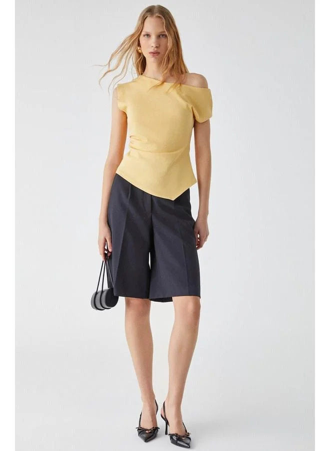 Grimelange Rehinga Women's 100% Cotton Waist-Hugging Asymmetric Collar Regular Fit Short Sleeve Yellow Blouse.