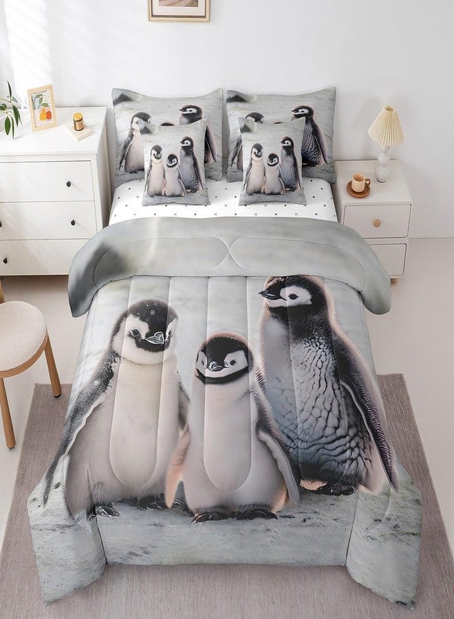 Homewish Penguin Family Kids Comforter Set 7 Piece Twin Size,Cute Kawaii Fluffy Penguin Print Reversible Quilt Set,Antarctic Snow Style Wild Animal Bedding Set with Comforter,Sheet,Pillowcase - Image 1