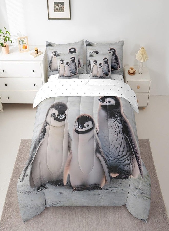 Homewish Penguin Family Kids Comforter Set 7 Piece Twin Size,Cute Kawaii Fluffy Penguin Print Reversible Quilt Set,Antarctic Snow Style Wild Animal Bedding Set with Comforter,Sheet,Pillowcase - Image 2
