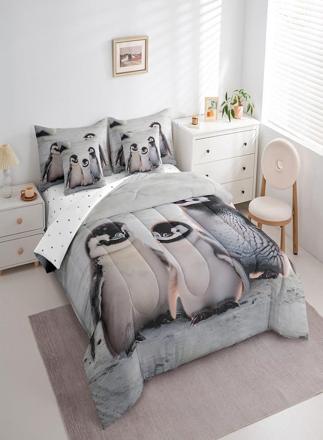 Homewish Penguin Family Kids Comforter Set 7 Piece Twin Size,Cute Kawaii Fluffy Penguin Print Reversible Quilt Set,Antarctic Snow Style Wild Animal Bedding Set with Comforter,Sheet,Pillowcase - Image 3