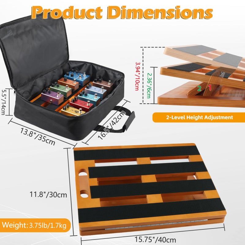 GOGHOST Wooden Guitar Pedal Board 15.75" x 11.8", Foldable Pedalboard 2-Level Adjustable Height Lightweight Pedal Stand, with 4 Pcs 6 Inch Guitar Patch Cables, Portable Carry Bag, Hook-and-Loop Tapes - Image 2