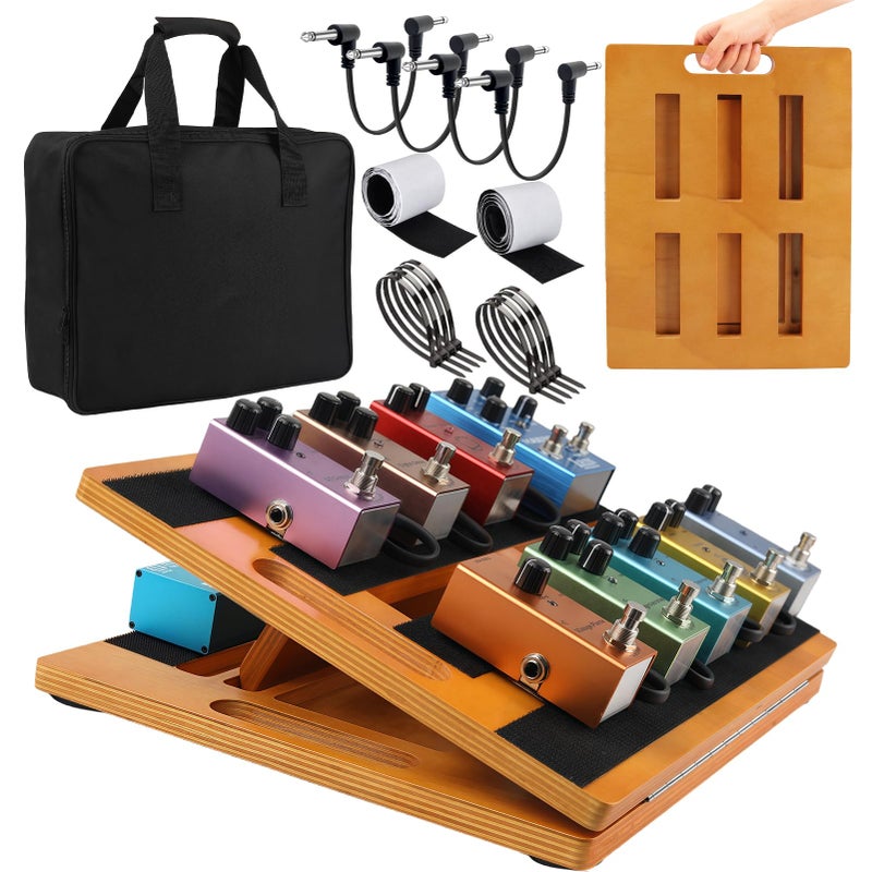 GOGHOST Wooden Guitar Pedal Board 15.75" x 11.8", Foldable Pedalboard 2-Level Adjustable Height Lightweight Pedal Stand, with 4 Pcs 6 Inch Guitar Patch Cables, Portable Carry Bag, Hook-and-Loop Tapes - Image 1