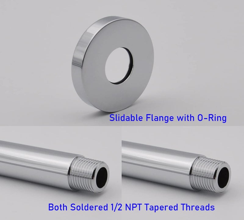 Aquaiaw Shower Arm and O-Ring Flange, 3 inch, Solid Brass, Round, Both Soldered 1/2 NPT Tapered Threads, Straight Shower Arm Extension, Ceiling Shower Head Arm for Rainfall Shower (Polished Chrome) - Image 4