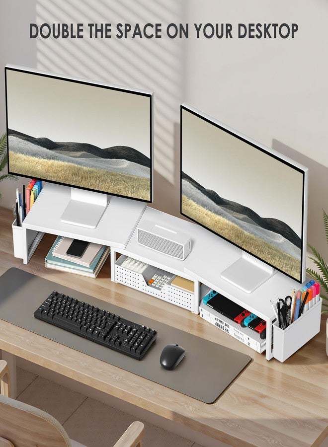 OPNICE White Dual Monitor Stand Riser, Metal Desk Organizers and Accessories with Drawer and 2 Pen Holders, Computer Monitor Stand for Desk - Image 4