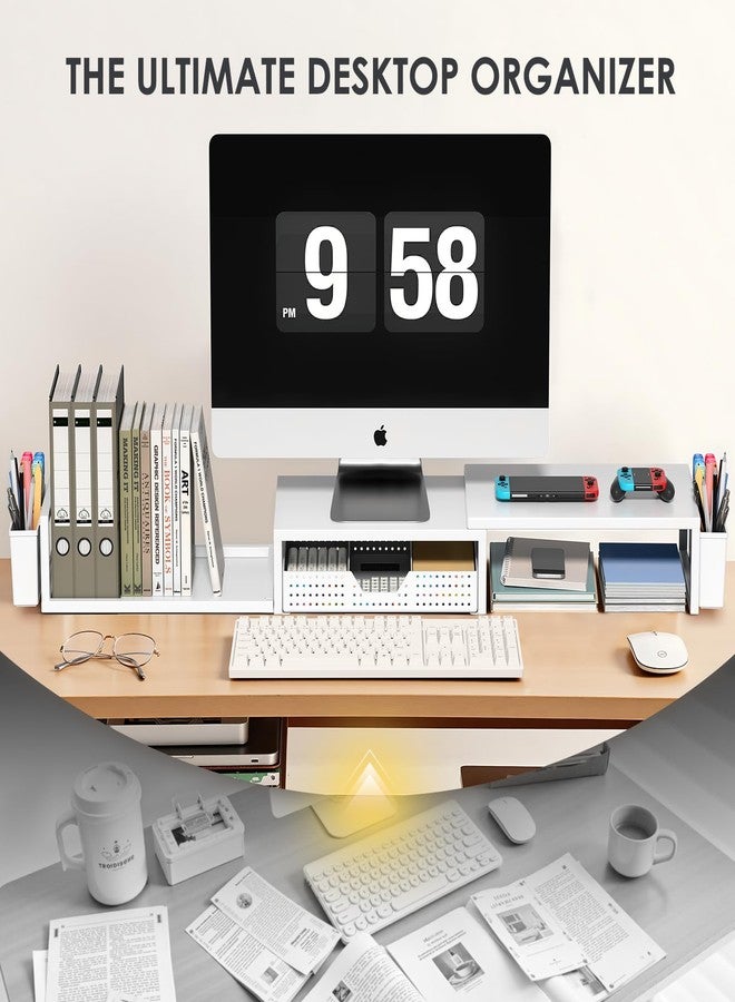 OPNICE White Dual Monitor Stand Riser, Metal Desk Organizers and Accessories with Drawer and 2 Pen Holders, Computer Monitor Stand for Desk - Image 5