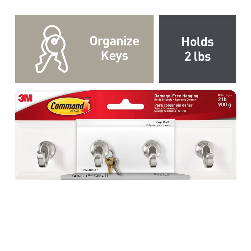 3M Command Key Rails, Total 2 Key Racks with 12 Command Strips, 2 Pack of 1 Rail, 4 Key Hooks on One Rail, Organize Damage-Free - Image 2